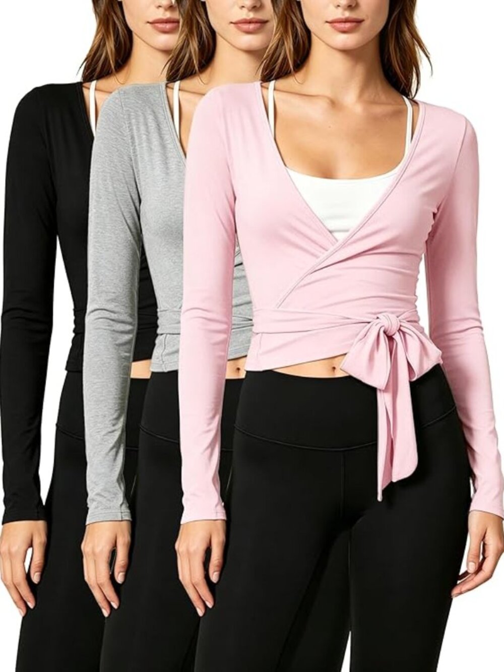 Ephemia 3 Pack Women Tie Wrap Tops Front Long Sleeve Ballet Pilates Yoga Y2K